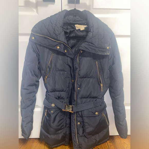 Michael Kors Long Puffer Coat Navy with Gold accents Size Small - Picture 1 of 6
